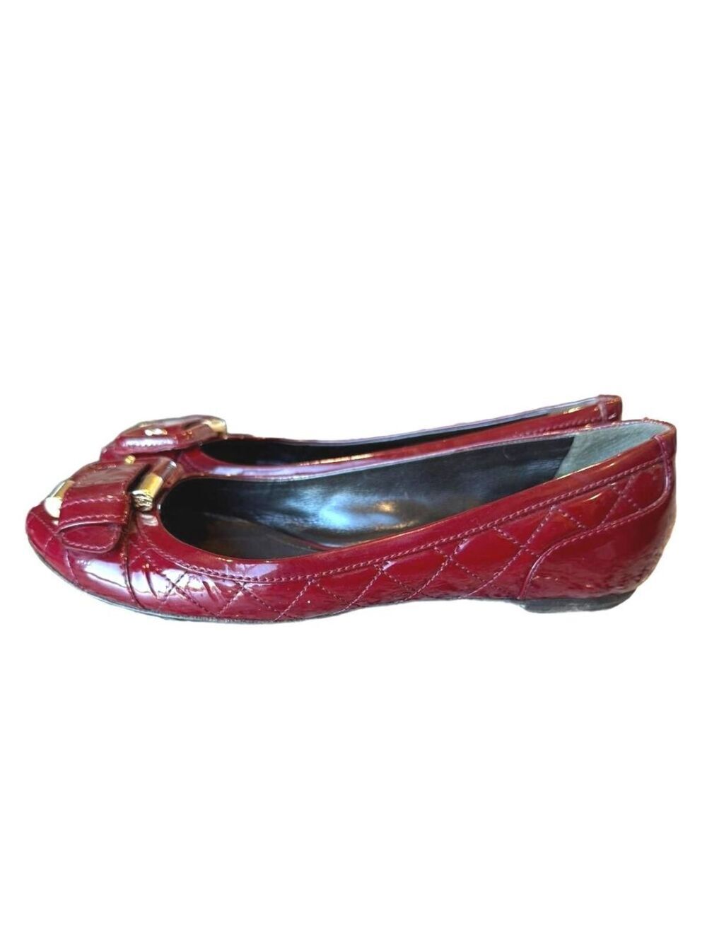 Burberry Quilted Patent Leather Ballet Flats Maroon Burgundy Gold Buckle